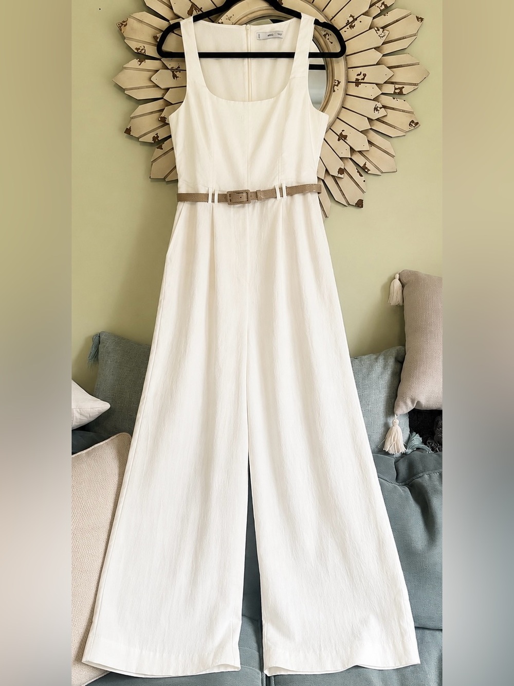 MNG Mango White Ivory Sleeveless Belted Wide Leg Jumpsuit Pockets Size Small